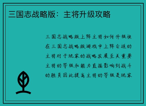 三国志战略版：主将升级攻略